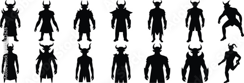 PrintSilhouettes of horned warriors, dark fantasy demon characters, mythical creature figures, battle-ready barbarian designs, isolated black shapes for concept art