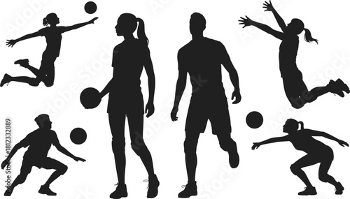 PrintVolleyball players silhouettes vector set, featuring men and women spiking, jumping, and receiving in dynamic poses, representing sports, competition, and athleticism.