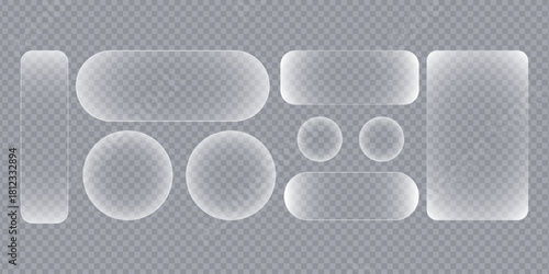 Collection of liquid glass button interface translucent rounded shapes with subtle light effects on a transparent background