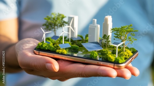 A hand holds a smartphone displaying a miniature green cityscape with solar panels, wind turbines, and lush vegetation, symbolizing sustainable technology and urban development.