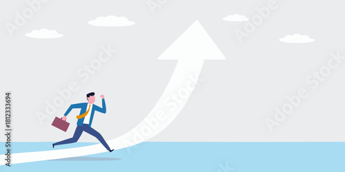 Businessman running upward on a growth arrow towards success