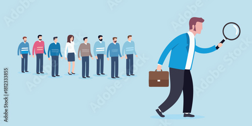 Businessman inspecting a line of people with a magnifying glass