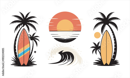 Two surfboards flank palm trees while waves crash under a sunset on white