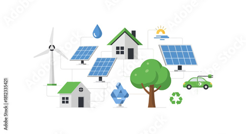 Sustainable eco friendly living with solar panels, wind turbine, electric car, recycling concept art shows clean energy future and environmentally aware lifestyle