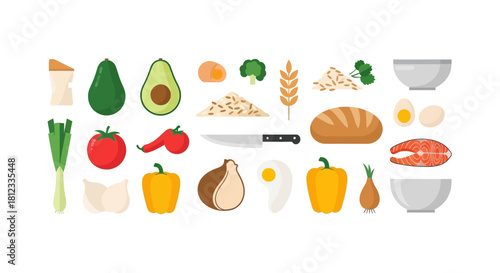 Healthy food ingredients for cooking delicious meals like vegetables, grains, fruits, protein, perfect for nutrition and wellness focused concepts