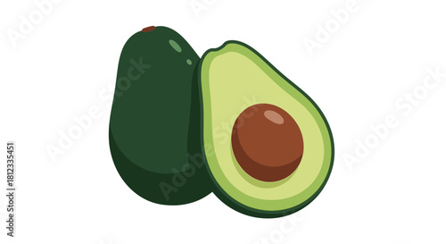 Fresh avocados, one whole and one halved with pit, perfect for healthy recipes, trendy culinary content, and vibrant vegan dishes, originally a vector graphic