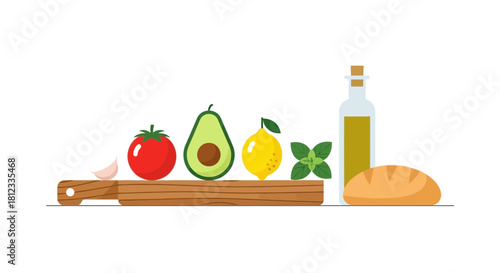 Fresh ingredients like avocado, tomato, lemon, garlic, basil, olive oil and bread arranged on a wooden board, perfect for healthy cooking and vibrant food presentations