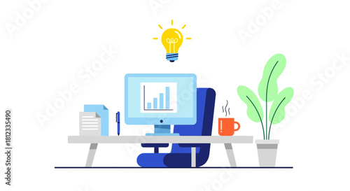 Inspiring workspace with computer showing chart, coffee, and bright idea, perfect for brainstorming, creative thinking, and business planning concepts