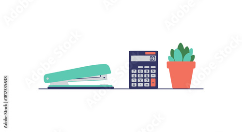 Modern office essentials: Stapler, calculator, and potted plant create a productive and stylish workspace, perfect for creative business ventures