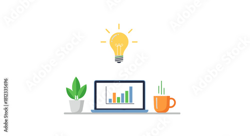Bright business idea with upward trending data on laptop, perfect for startups, growth, and financial success, plus a cozy mug and plant for a modern vibe