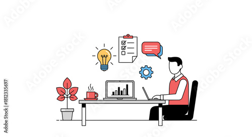 Man working on laptop to enhance business growth with innovative ideas, checklist, and statistics for modern professional development, achievement, and focus