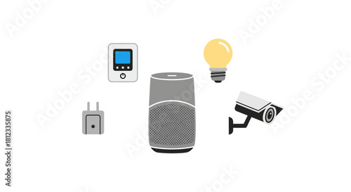 Smart home automation devices for modern living, featuring smart speaker, thermostat, security camera, and energy efficient lightbulb, seamless technology integration