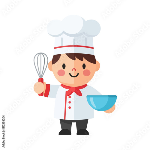 Cartoon chef holding a whisk and a bowl, wearing a white uniform and hat.
