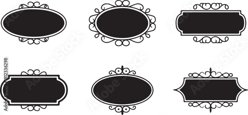 Set of Six Ornate Black Decorative Frames and Labels on White border