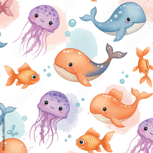 Cute cartoon sea animals seamless pattern with whales jellyfish fish
