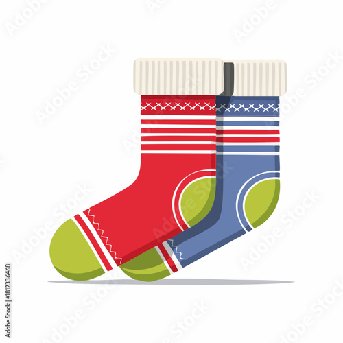 Vector illustration of a pair of colorful warm knitted socks with Christmas holiday patterns on a white background