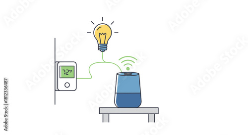 Smart home automation with voice assistant controlling lighting and temperature for energy efficiency, a modern lifestyle with connected devices