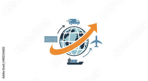 Global shipping solutions with worldwide delivery by truck, plane, and ship showcasing efficient logistics and an upward trend for international trade