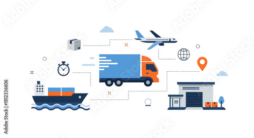 Streamlined logistics solutions for your business, featuring global shipping, fast delivery truck, cargo plane, ocean liner, and warehouse fulfillment services