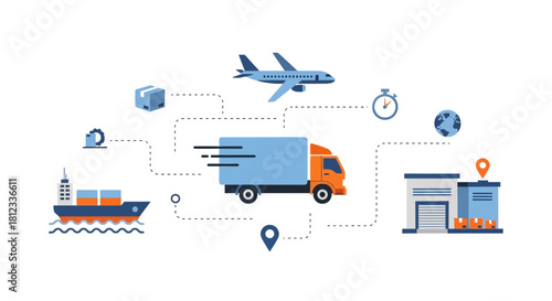 Efficient global logistics network with fast delivery truck, airplane, and ship, illustrating worldwide shipping and supply chain management solutions