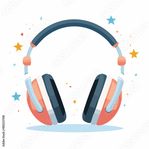 Colorful digital illustration of modern over-ear headphones, accented with sparkling stars, symbolizing a joyful listening experience and immersive audio entertainment