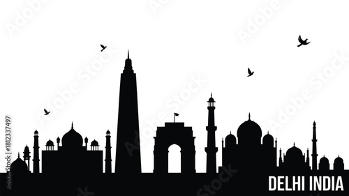Silhouette of iconic delhi landmarks against a white sky