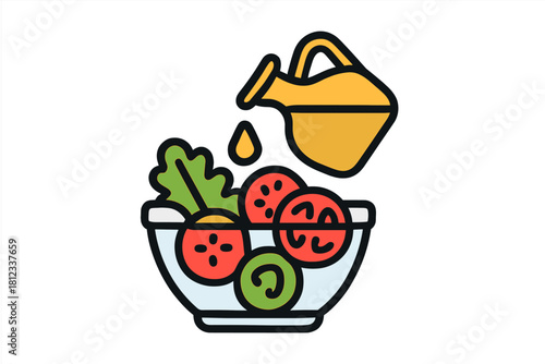 Preparing a fresh healthy vegetable salad in a bowl with oil dressing being poured from a cruet