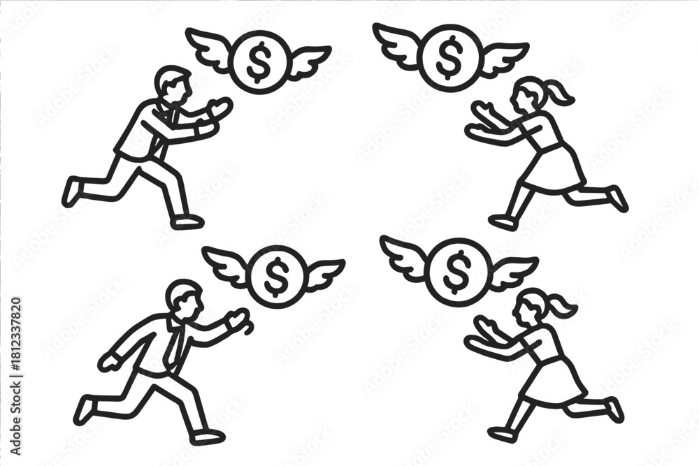Fototapeta premium Business people chasing winged dollar signs symbolizing financial loss and elusive wealth