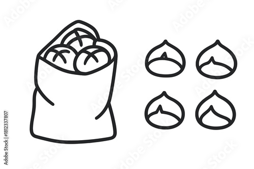 Bag filled with roasted chestnuts and four separate nuts in simple outline style