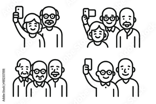 Happy senior adults taking group photos and selfies