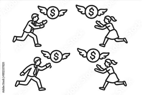 Business people chasing winged dollar signs symbolizing financial loss and elusive wealth