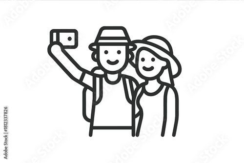 Smiling couple taking a selfie photograph with a smartphone while traveling on vacation