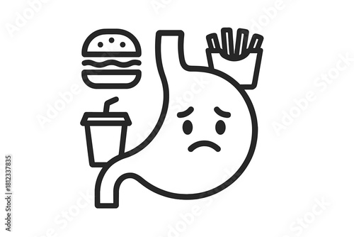 Sad stomach character suffering from indigestion after eating unhealthy fast food, hamburger, fries, and soda