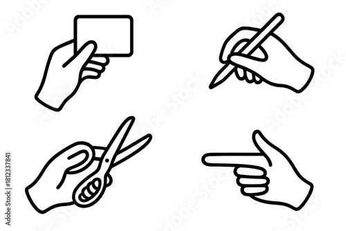 Hands performing common actions: holding card, writing, cutting, and pointing