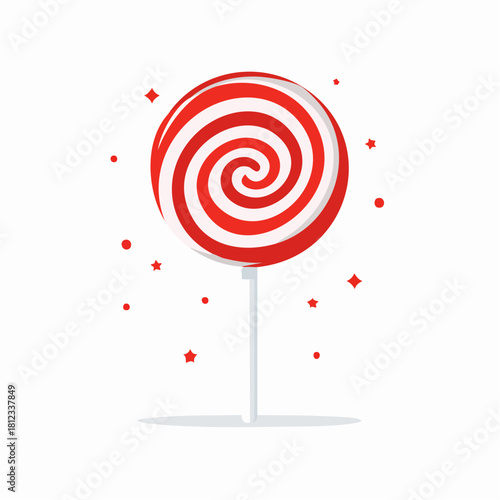 A classic red and white swirl lollipop on a stick, adorned with tiny, scattered red stars and glints of light