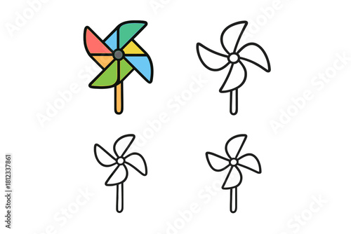 Colorful and outline pinwheel icons set for children's toys and summer activity
