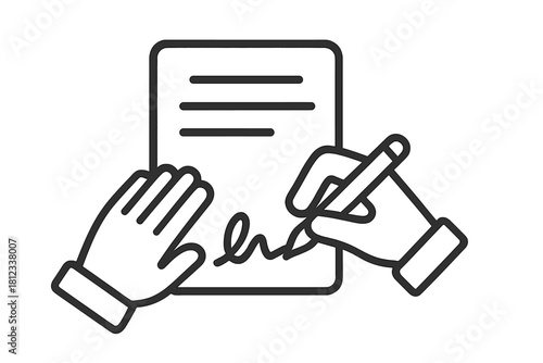 Hands signing a legal contract or official document with a pen on white background