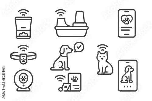 Smart pet care technology symbols including automated feeder GPS collar camera and mobile application