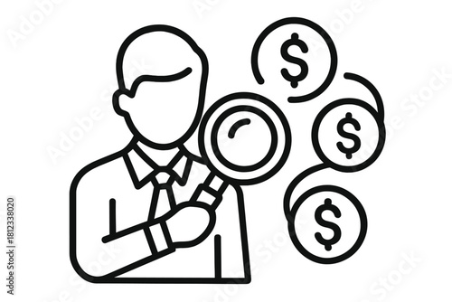 Business professional analyzing financial data and searching for investment opportunities with magnifying glass