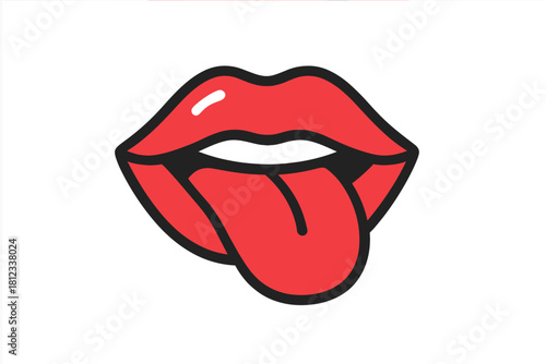 Bright red lips with a playful tongue sticking out in bold pop art style