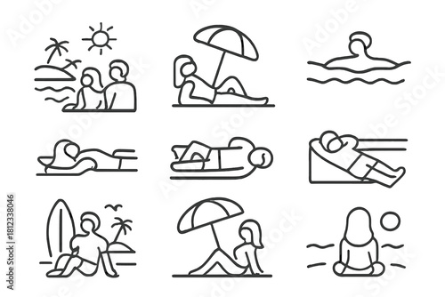 People swimming sunbathing and relaxing on the beach during summer vacation activities