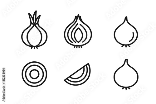 Minimalist line graphics showing whole onions, sliced cross sections, and wedges