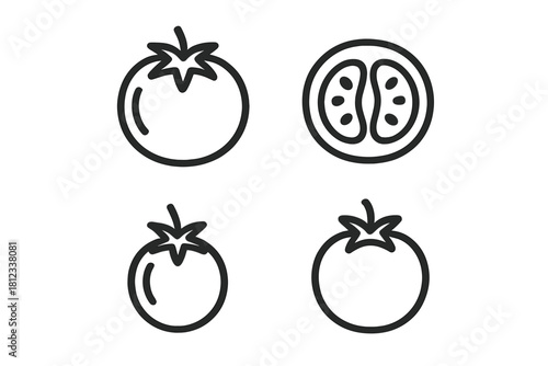 Minimalist line icons featuring whole and sliced tomatoes for food and cooking apps