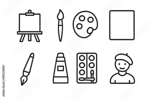 Collection of painting supplies: easel, palette, brushes, watercolor, and a smiling artist