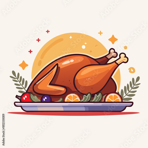 Thanksgiving Feast A Deliciously Illustrated Roast Turkey with Festive Garnishes on a Plate