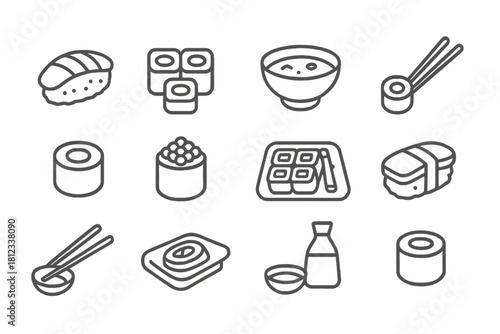 Japanese sushi, nigiri, maki rolls, soy sauce, chopsticks, and soup