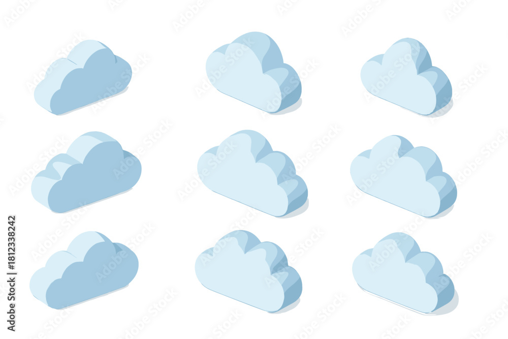 Fototapeta premium Nine light blue isometric cloud icons arranged in a grid pattern for digital storage and weather concepts