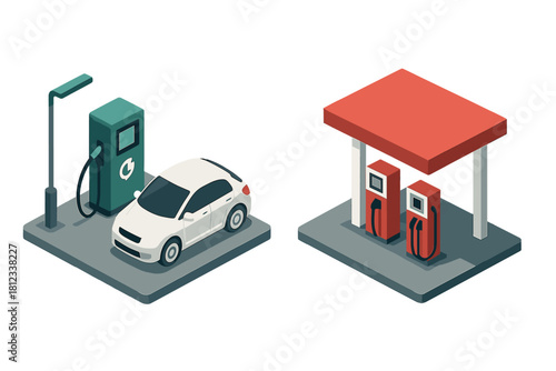 Electric car charging point and conventional gasoline fuel station pumps isometric set