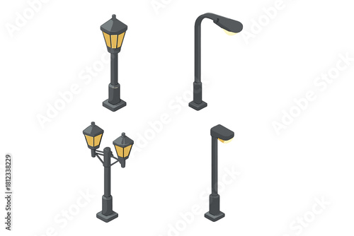 Detailed isometric view of various outdoor street lamps and traditional lanterns