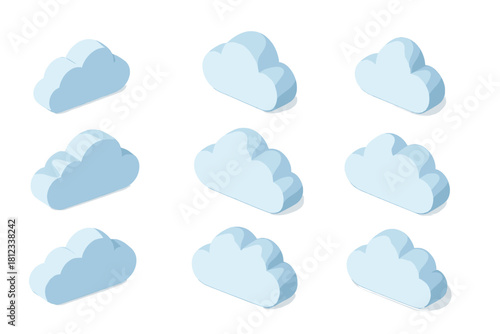 Nine light blue isometric cloud icons arranged in a grid pattern for digital storage and weather concepts